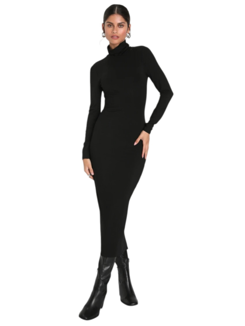 Lulus Turtleneck Ribbed Midi Sweater Dress Black XS